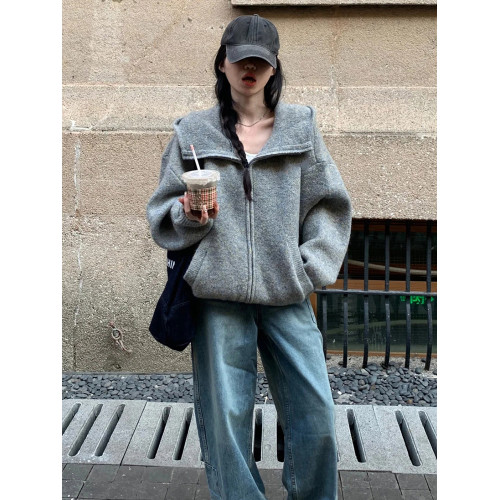 慵懶老錢風灰色連帽拉鍊毛衣外套女秋冬浣熊絨翻領針織衛衣開衫厚