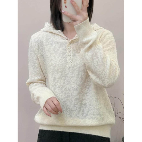 連帽蕾絲勾花針織衫女2025秋冬新款提花氣質毛衣韓版長袖打底帽衫