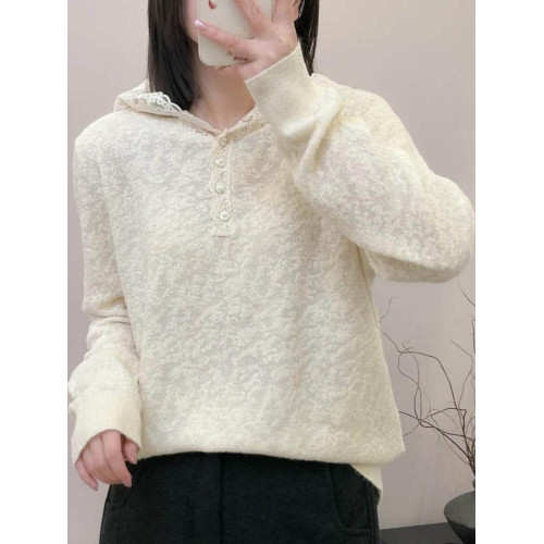 連帽蕾絲勾花針織衫女2025秋冬新款提花氣質毛衣韓版長袖打底帽衫