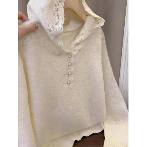 連帽蕾絲勾花針織衫女2025秋冬新款提花氣質毛衣韓版長袖打底帽衫