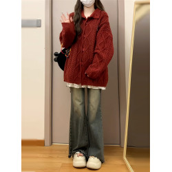 今年爆款紅色慵嬾風外穿針織麻花毛衣外套女秋冬2026新款初秋穿搭