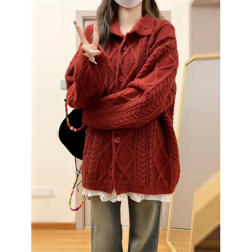 今年爆款紅色慵嬾風外穿針織麻花毛衣外套女秋冬2026新款初秋穿搭