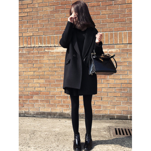 黑色毛呢外套女中長款2025春秋冬季新款小個子高級感呢子大衣夾棉