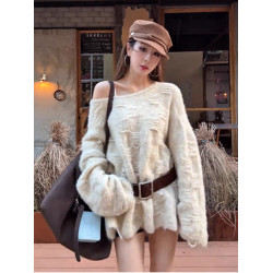 松弛霧感 立體編織寬鬆休閒圓領毛衣腰帶收腰親膚慵嬾針織上衣女