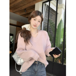 韓版簡約百搭v領長袖毛衣女秋季2025新款仿羊絨寬鬆針織套頭上衣