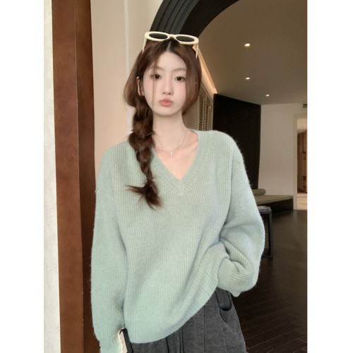 韓版簡約百搭v領長袖毛衣女秋季2025新款仿羊絨寬鬆針織套頭上衣