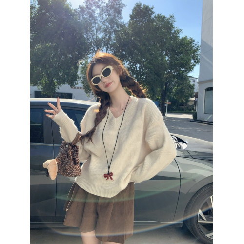 韓版簡約百搭v領長袖毛衣女秋季2025新款仿羊絨寬鬆針織套頭上衣