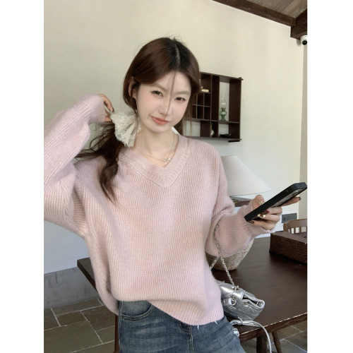 韓版簡約百搭v領長袖毛衣女秋季2025新款仿羊絨寬鬆針織套頭上衣