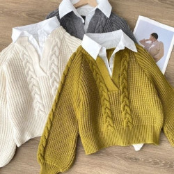 假兩件毛衣秋冬女裝日系慵懶復古設計感小衆polo領麻花針織衫上衣