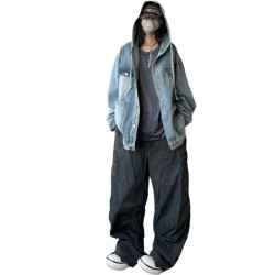 美式vintage牛仔外套男寬松連帽工裝上衣春秋季潮牌水洗休閒夾克