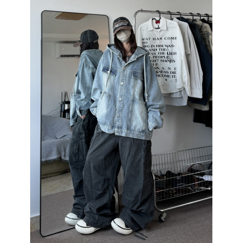 美式vintage牛仔外套男寬松連帽工裝上衣春秋季潮牌水洗休閒夾克 美式vintage牛仔外套男寬松連帽工裝上衣春秋季潮牌水洗休閒夾克