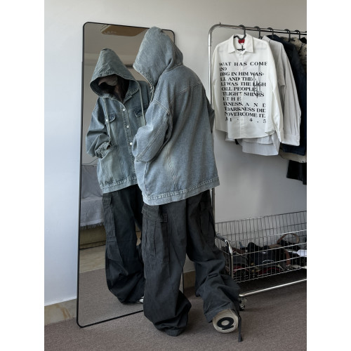 美式vintage牛仔外套男寬松連帽工裝上衣春秋季潮牌水洗休閒夾克 美式vintage牛仔外套男寬松連帽工裝上衣春秋季潮牌水洗休閒夾克