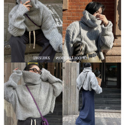 秋冬新款簡約針織羊駝毛堆堆領廓形慵懶風寬松保暖高領毛衣外套女