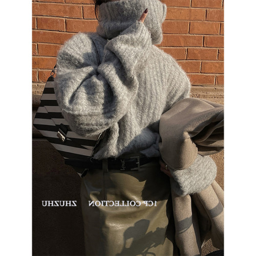 秋冬新款簡約針織羊駝毛堆堆領廓形慵懶風寬松保暖高領毛衣外套女 秋冬新款簡約針織羊駝毛堆堆領廓形慵懶風寬松保暖高領毛衣外套女