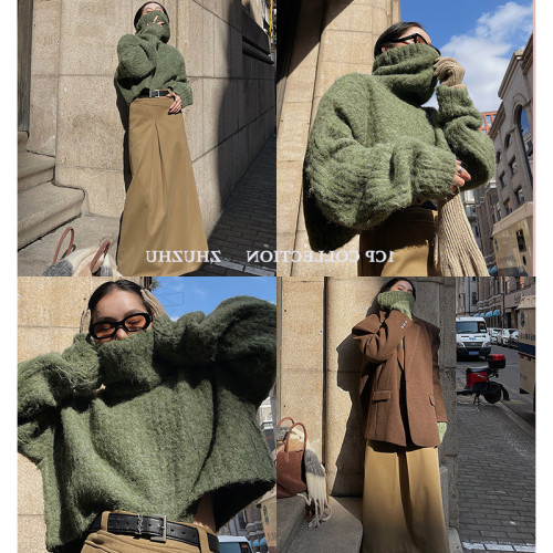 秋冬新款簡約針織羊駝毛堆堆領廓形慵懶風寬松保暖高領毛衣外套女 秋冬新款簡約針織羊駝毛堆堆領廓形慵懶風寬松保暖高領毛衣外套女