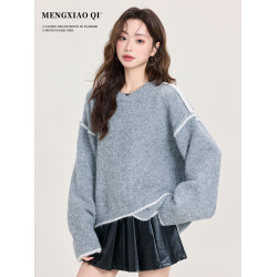 矇小柒慵懶風寬松灰色加厚毛衣女2025新款秋冬不規則針織內搭上衣