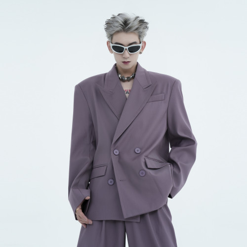 紫色雙排釦西裝男 高級感廓形寬松男士休閒簡約氣質流行西服外套 紫色雙排釦西裝男 高級感廓形寬松男士休閒簡約氣質流行西服外套