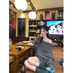 高級感灰色一字肩毛衣女秋冬寬松慵懶風松弛感軟糯套頭針織衫上衣