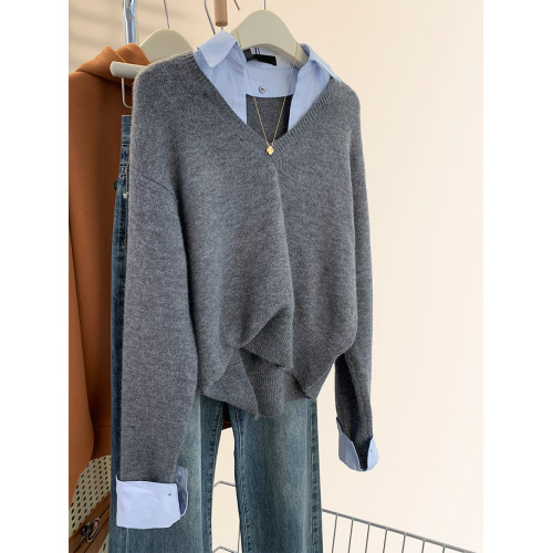 假兩件襯衫領拼接灰色毛衣女2025秋冬新款慵懶針織打底衫上衣秋冬 假兩件襯衫領拼接灰色毛衣女2025秋冬新款慵懶針織打底衫上衣秋冬