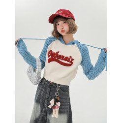 Girlyhalo美式復古辣妹插肩袖針織毛衣女秋季新款短款連帽衛衣