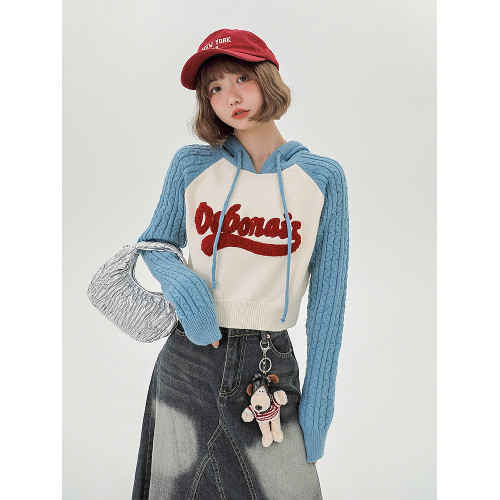 Girlyhalo美式復古辣妹插肩袖針織毛衣女秋季新款短款連帽衛衣