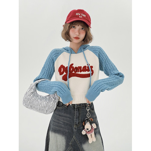 Girlyhalo美式復古辣妹插肩袖針織毛衣女秋季新款短款連帽衛衣