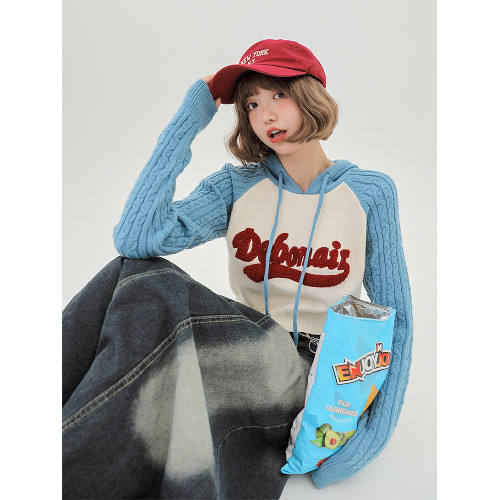 Girlyhalo美式復古辣妹插肩袖針織毛衣女秋季新款短款連帽衛衣