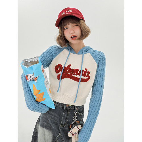 Girlyhalo美式復古辣妹插肩袖針織毛衣女秋季新款短款連帽衛衣