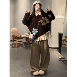 復古老錢風藝術感撞色刺綉不規則套頭毛衣女秋冬寬松顯瘦曡穿上衣