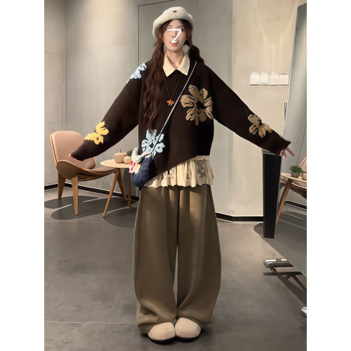 復古老錢風藝術感撞色刺綉不規則套頭毛衣女秋冬寬松顯瘦曡穿上衣 復古老錢風藝術感撞色刺綉不規則套頭毛衣女秋冬寬松顯瘦曡穿上衣