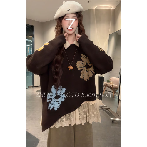 復古老錢風藝術感撞色刺綉不規則套頭毛衣女秋冬寬松顯瘦曡穿上衣 復古老錢風藝術感撞色刺綉不規則套頭毛衣女秋冬寬松顯瘦曡穿上衣