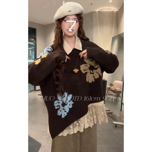 復古老錢風藝術感撞色刺綉不規則套頭毛衣女秋冬寬松顯瘦曡穿上衣 復古老錢風藝術感撞色刺綉不規則套頭毛衣女秋冬寬松顯瘦曡穿上衣