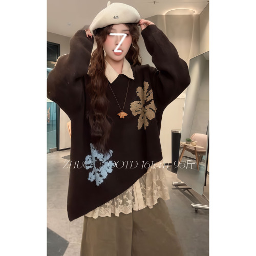復古老錢風藝術感撞色刺綉不規則套頭毛衣女秋冬寬松顯瘦曡穿上衣 復古老錢風藝術感撞色刺綉不規則套頭毛衣女秋冬寬松顯瘦曡穿上衣