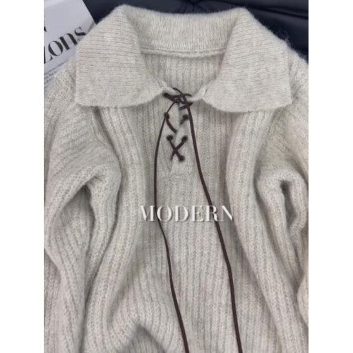 小衆高級設計感POLO翻領系帶毛衣女冬季新款超好看獨特針織衫上衣