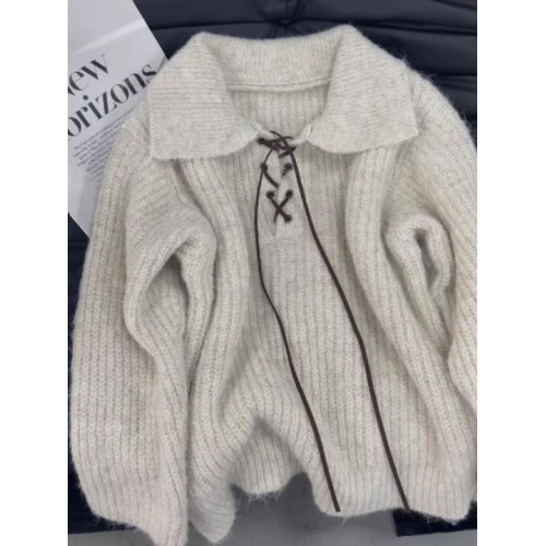 小衆高級設計感POLO翻領系帶毛衣女冬季新款超好看獨特針織衫上衣