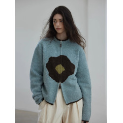 法式復古花朵立領拉鍊軟糯毛衣外套女秋冬外穿寬松慵懶風針織開衫