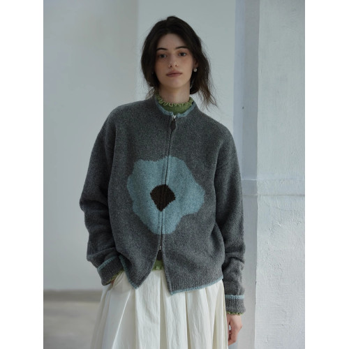 法式復古花朵立領拉鍊軟糯毛衣外套女秋冬外穿寬松慵懶風針織開衫 法式復古花朵立領拉鍊軟糯毛衣外套女秋冬外穿寬松慵懶風針織開衫