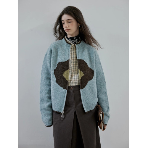 法式復古花朵立領拉鍊軟糯毛衣外套女秋冬外穿寬松慵懶風針織開衫 法式復古花朵立領拉鍊軟糯毛衣外套女秋冬外穿寬松慵懶風針織開衫