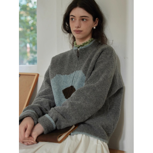 法式復古花朵立領拉鍊軟糯毛衣外套女秋冬外穿寬松慵懶風針織開衫 法式復古花朵立領拉鍊軟糯毛衣外套女秋冬外穿寬松慵懶風針織開衫