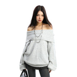 BIGGOLD韓系氛圍感一字肩毛衣女秋冬氣質加厚保暖寬松針織衫上衣