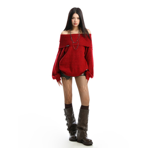 BIGGOLD韓系氛圍感一字肩毛衣女秋冬氣質加厚保暖寬松針織衫上衣 BIGGOLD韓系氛圍感一字肩毛衣女秋冬氣質加厚保暖寬松針織衫上衣