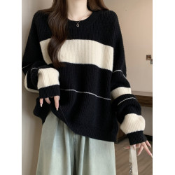 寬松慵懶風加厚條紋毛衣大碼女裝2025秋冬新款高級長袖針織衫上衣