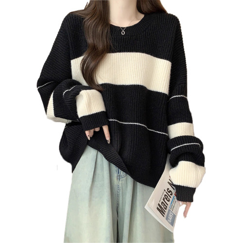 寬松慵懶風加厚條紋毛衣大碼女裝2025秋冬新款高級長袖針織衫上衣 寬松慵懶風加厚條紋毛衣大碼女裝2025秋冬新款高級長袖針織衫上衣