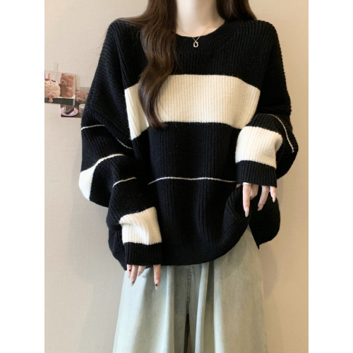 寬松慵懶風加厚條紋毛衣大碼女裝2025秋冬新款高級長袖針織衫上衣 寬松慵懶風加厚條紋毛衣大碼女裝2025秋冬新款高級長袖針織衫上衣