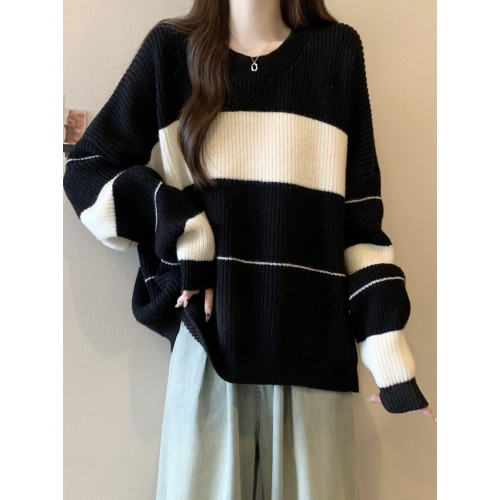 寬松慵懶風加厚條紋毛衣大碼女裝2025秋冬新款高級長袖針織衫上衣 寬松慵懶風加厚條紋毛衣大碼女裝2025秋冬新款高級長袖針織衫上衣