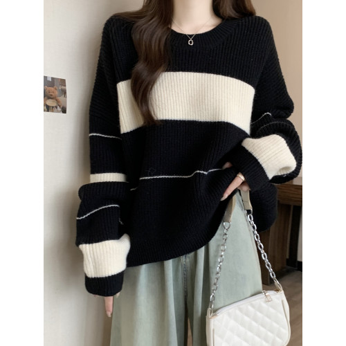 寬松慵懶風加厚條紋毛衣大碼女裝2025秋冬新款高級長袖針織衫上衣 寬松慵懶風加厚條紋毛衣大碼女裝2025秋冬新款高級長袖針織衫上衣