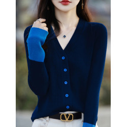 2024秋冬新款V領撞色針織開衫女高級感拼接外搭寬松百搭優雅上衣