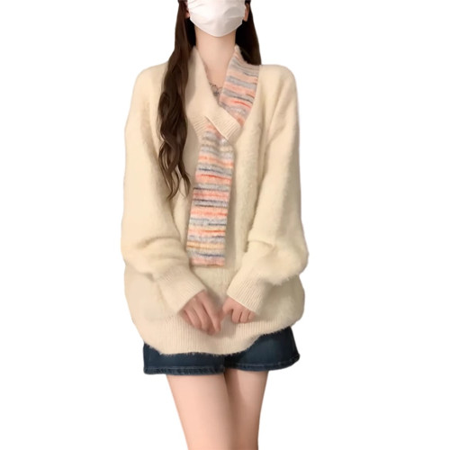 慵懶風軟糯v領白色毛衣女2025新款秋冬季寬松長袖針織上衣高級感 慵懶風軟糯v領白色毛衣女2025新款秋冬季寬松長袖針織上衣高級感