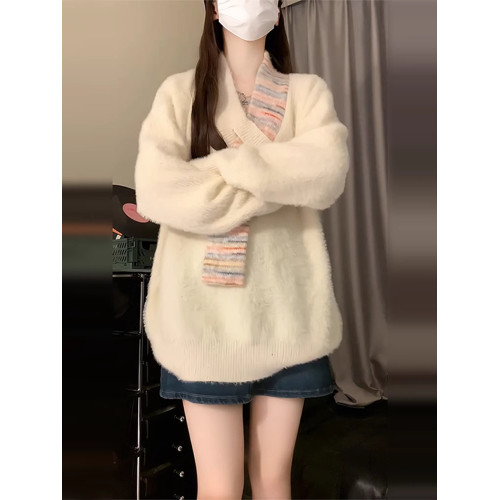 慵懶風軟糯v領白色毛衣女2025新款秋冬季寬松長袖針織上衣高級感 慵懶風軟糯v領白色毛衣女2025新款秋冬季寬松長袖針織上衣高級感