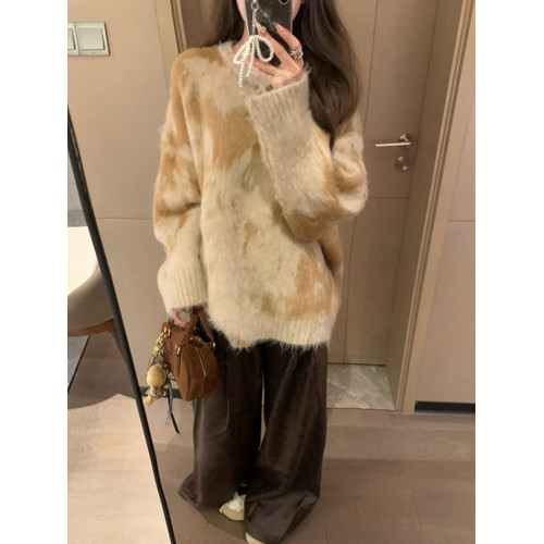 慵懶風暈染圓領馬海毛毛衣女秋冬寬松軟糯奶呼呼套頭針織衫上衣 慵懶風暈染圓領馬海毛毛衣女秋冬寬松軟糯奶呼呼套頭針織衫上衣